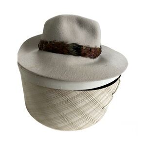 Vintage Cream Wool Hat with Feather Accent with hat box